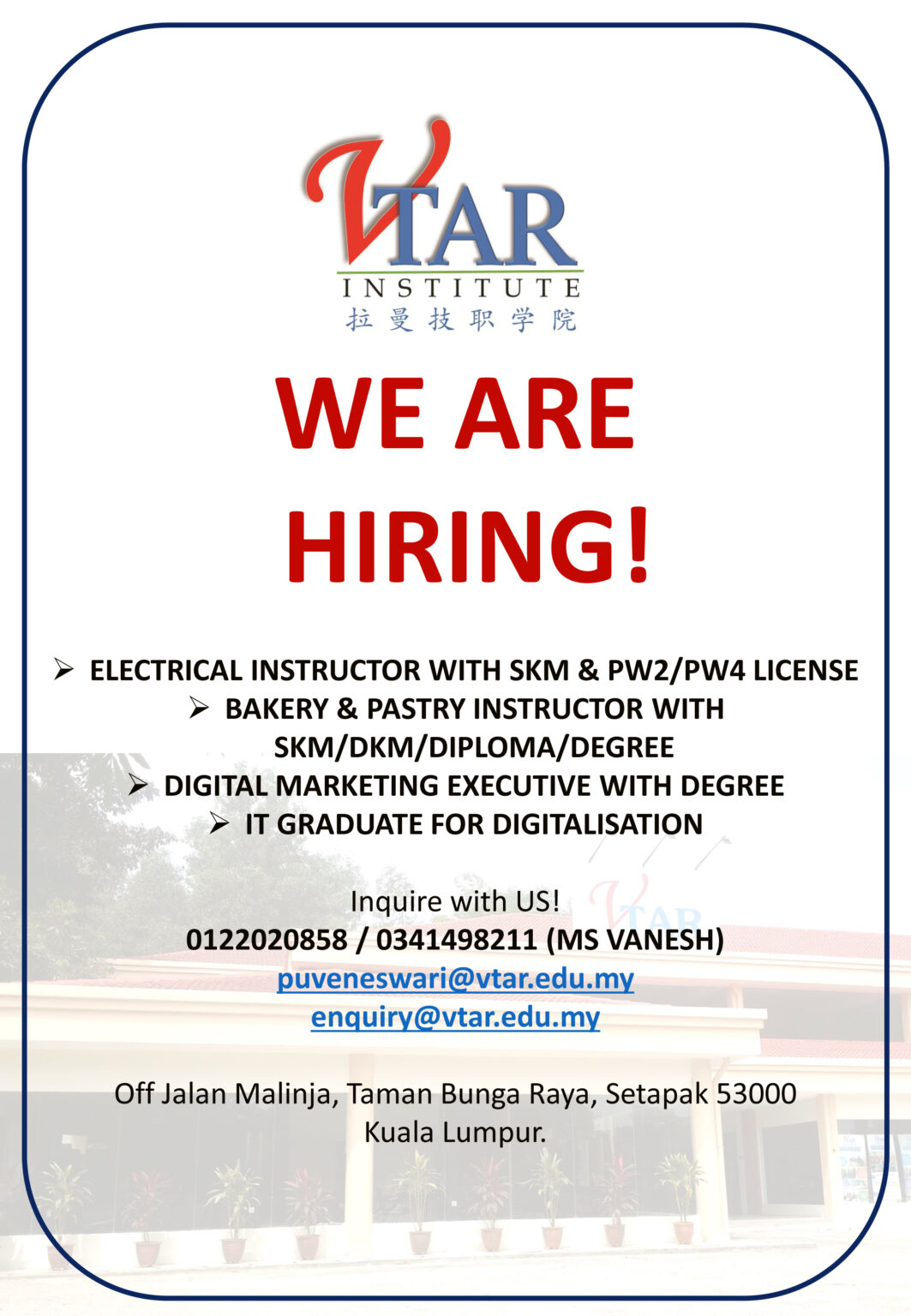 Job Hiring 2024 | Vtar Institute